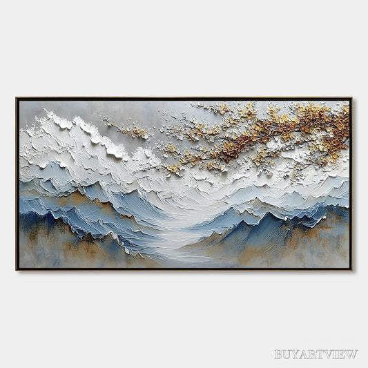 BUYARTVIEW Whispers of the Valley – Textured Mountain Landscape Painting with Golden Blossoms - image 1