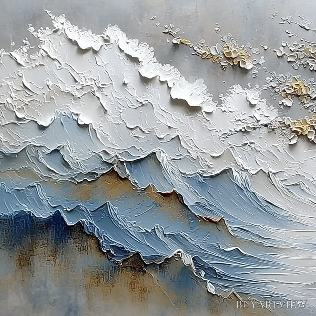 BUYARTVIEW Whispers of the Valley – Textured Mountain Landscape Painting with Golden Blossoms - image 3