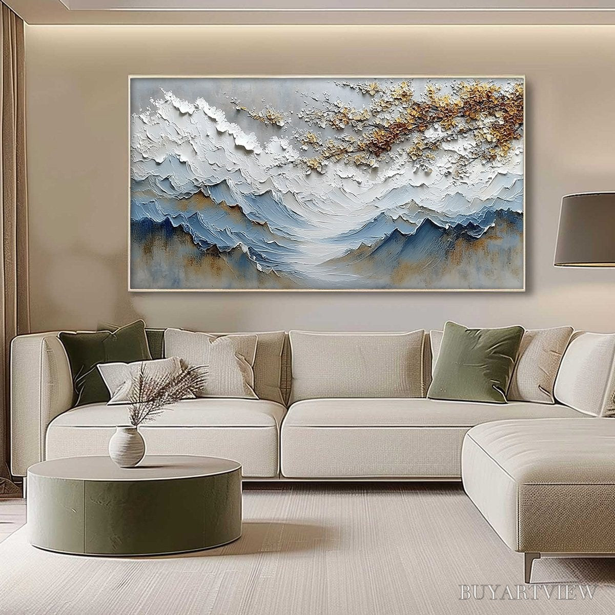 BUYARTVIEW Whispers of the Valley – Textured Mountain Landscape Painting with Golden Blossoms - image 4