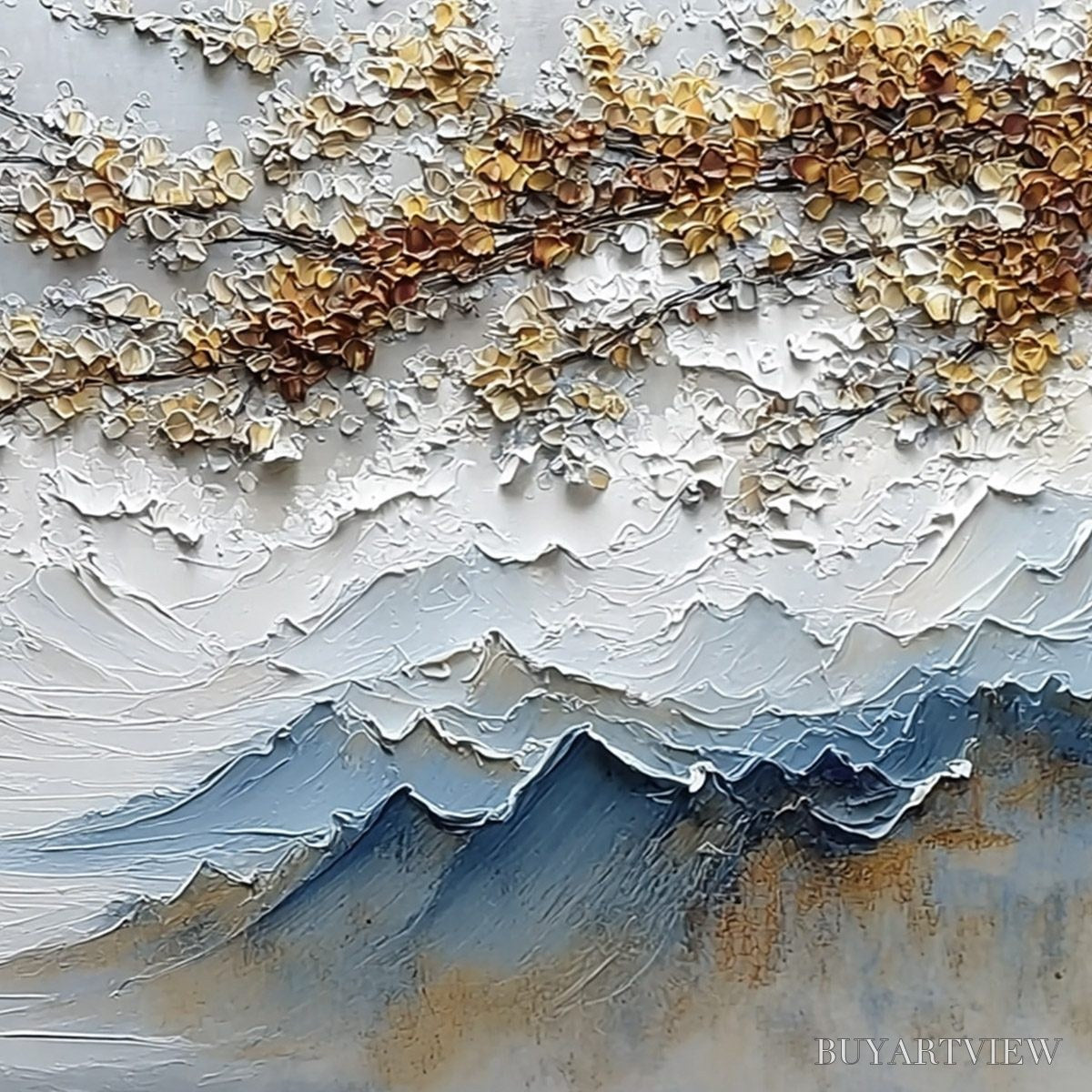 BUYARTVIEW Whispers of the Valley – Textured Mountain Landscape Painting with Golden Blossoms - image 5