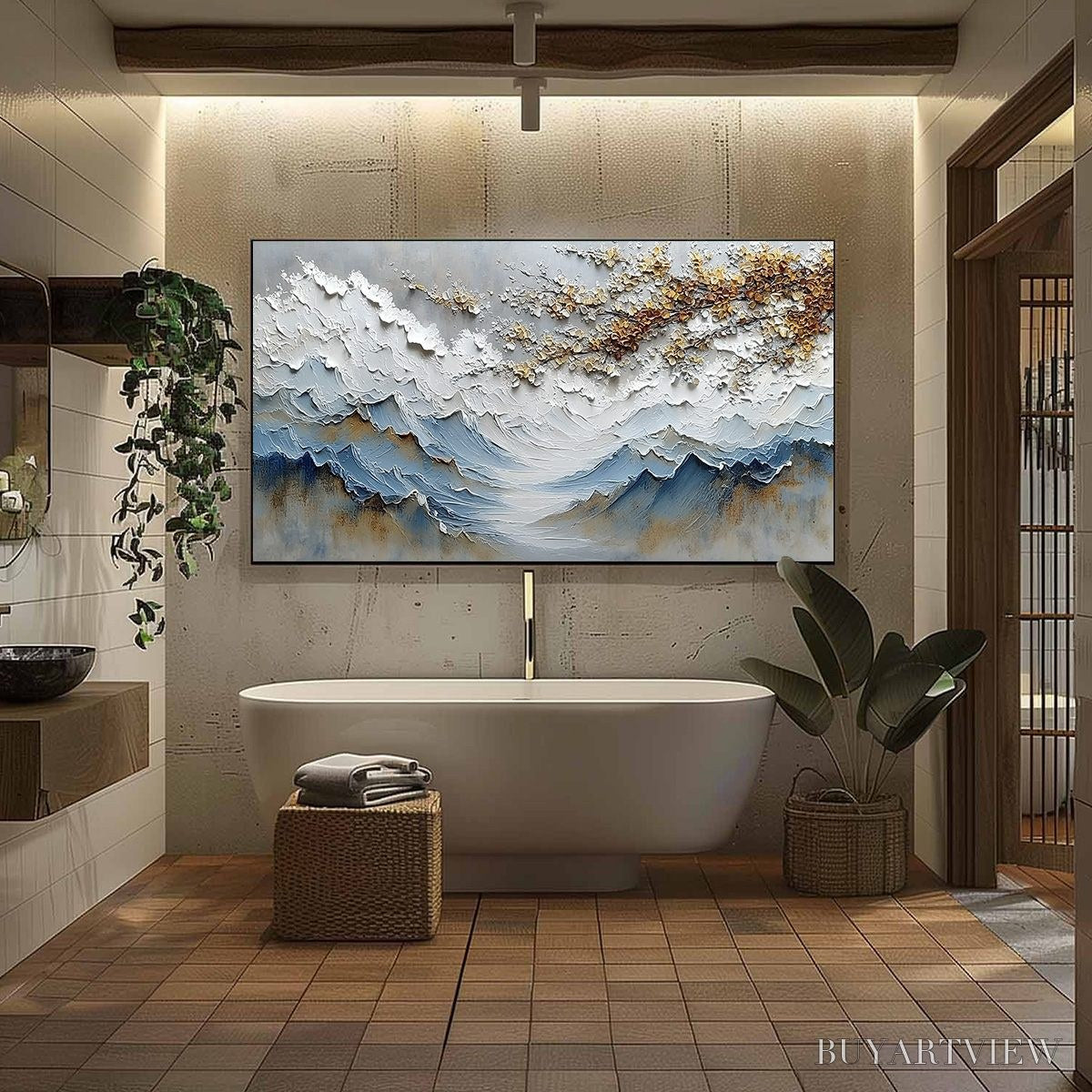 BUYARTVIEW Whispers of the Valley – Textured Mountain Landscape Painting with Golden Blossoms - image 6