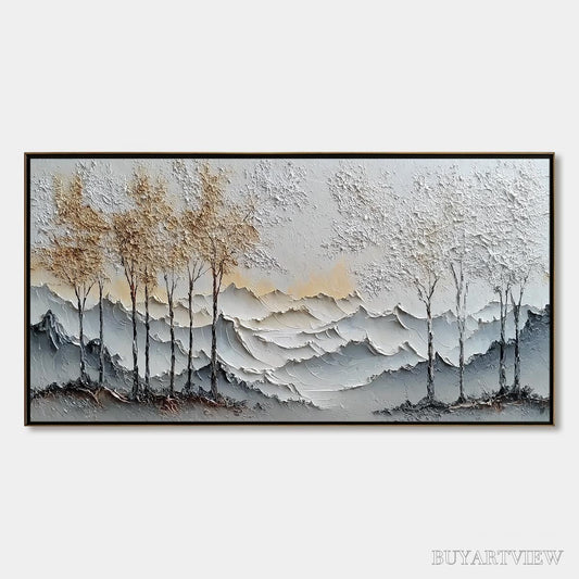 BUYARTVIEW Golden Silence – Textured Wabi Sabi Mountain and Trees Landscape Painting - image 1