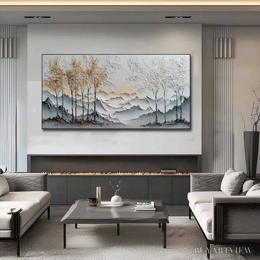 BUYARTVIEW Golden Silence – Textured Wabi Sabi Mountain and Trees Landscape Painting - image 2