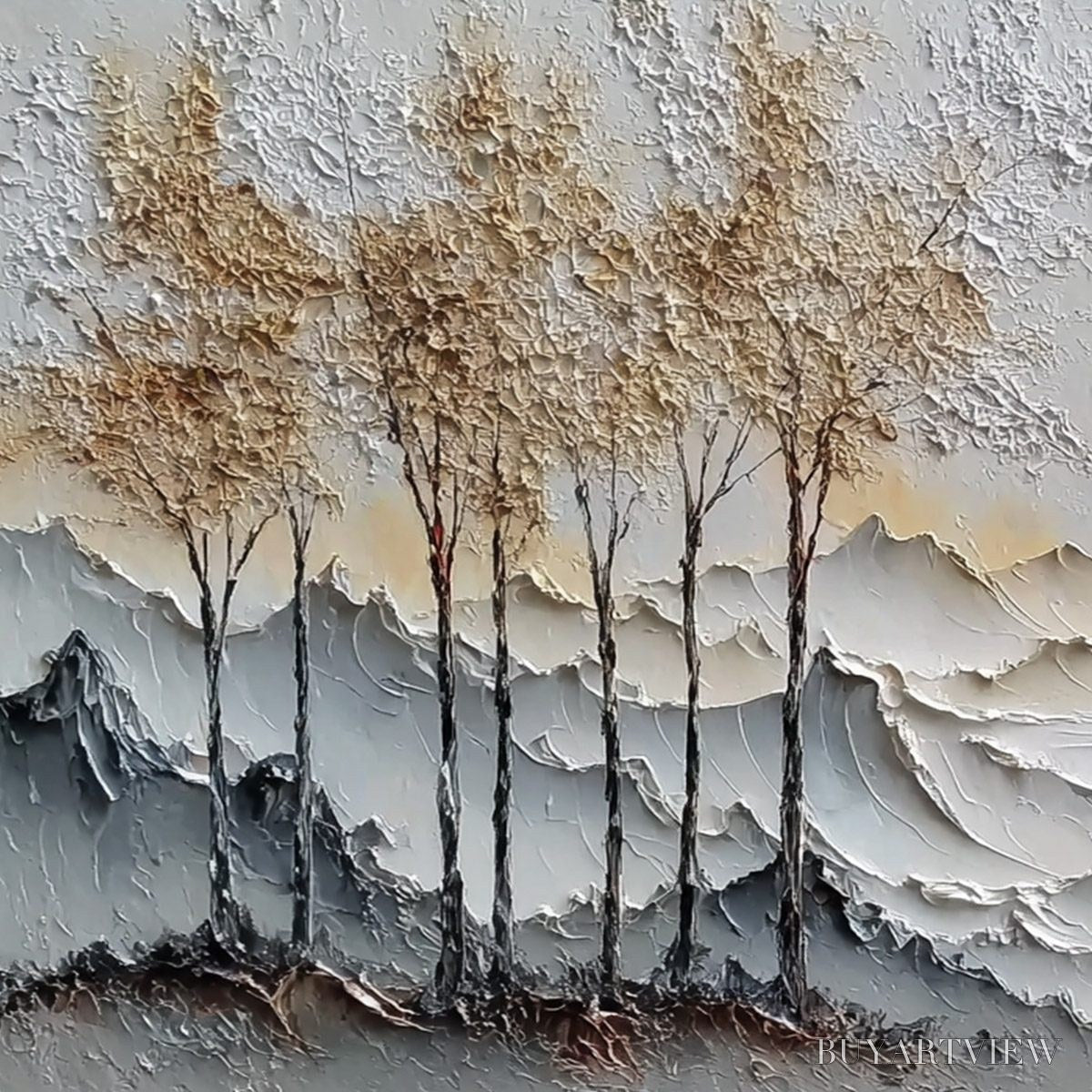 BUYARTVIEW Golden Silence – Textured Wabi Sabi Mountain and Trees Landscape Painting - image 3