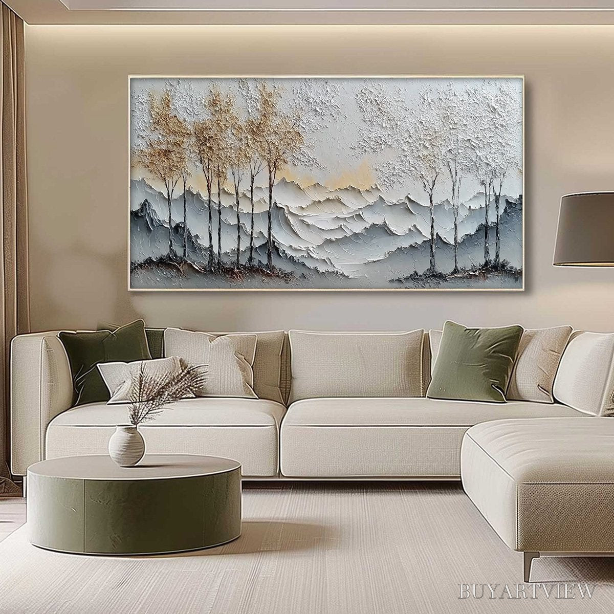 BUYARTVIEW Golden Silence – Textured Wabi Sabi Mountain and Trees Landscape Painting - image 4