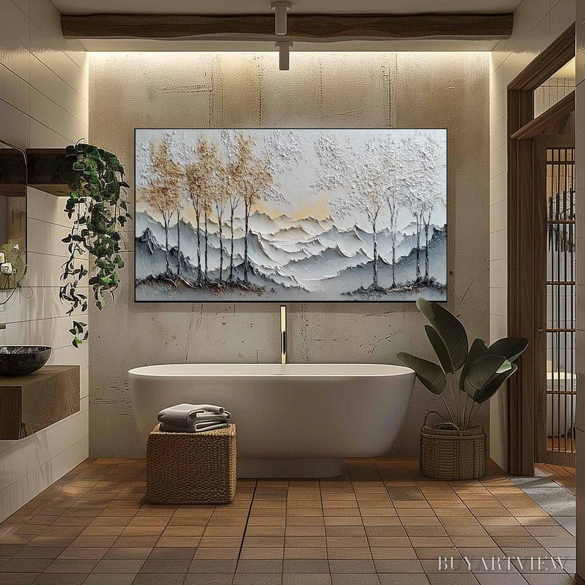 BUYARTVIEW Golden Silence – Textured Wabi Sabi Mountain and Trees Landscape Painting - image 6