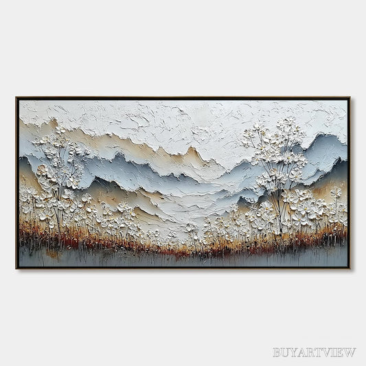 BUYARTVIEW Whispering Meadow – Heavily Textured Wabi Sabi Mountain & Flower Landscape Painting - image 1