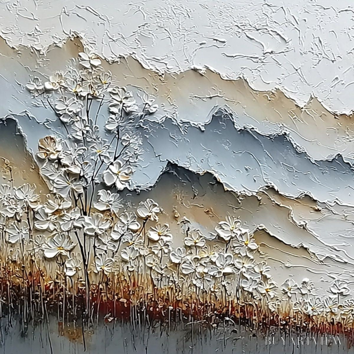 BUYARTVIEW Whispering Meadow – Heavily Textured Wabi Sabi Mountain & Flower Landscape Painting - image 3