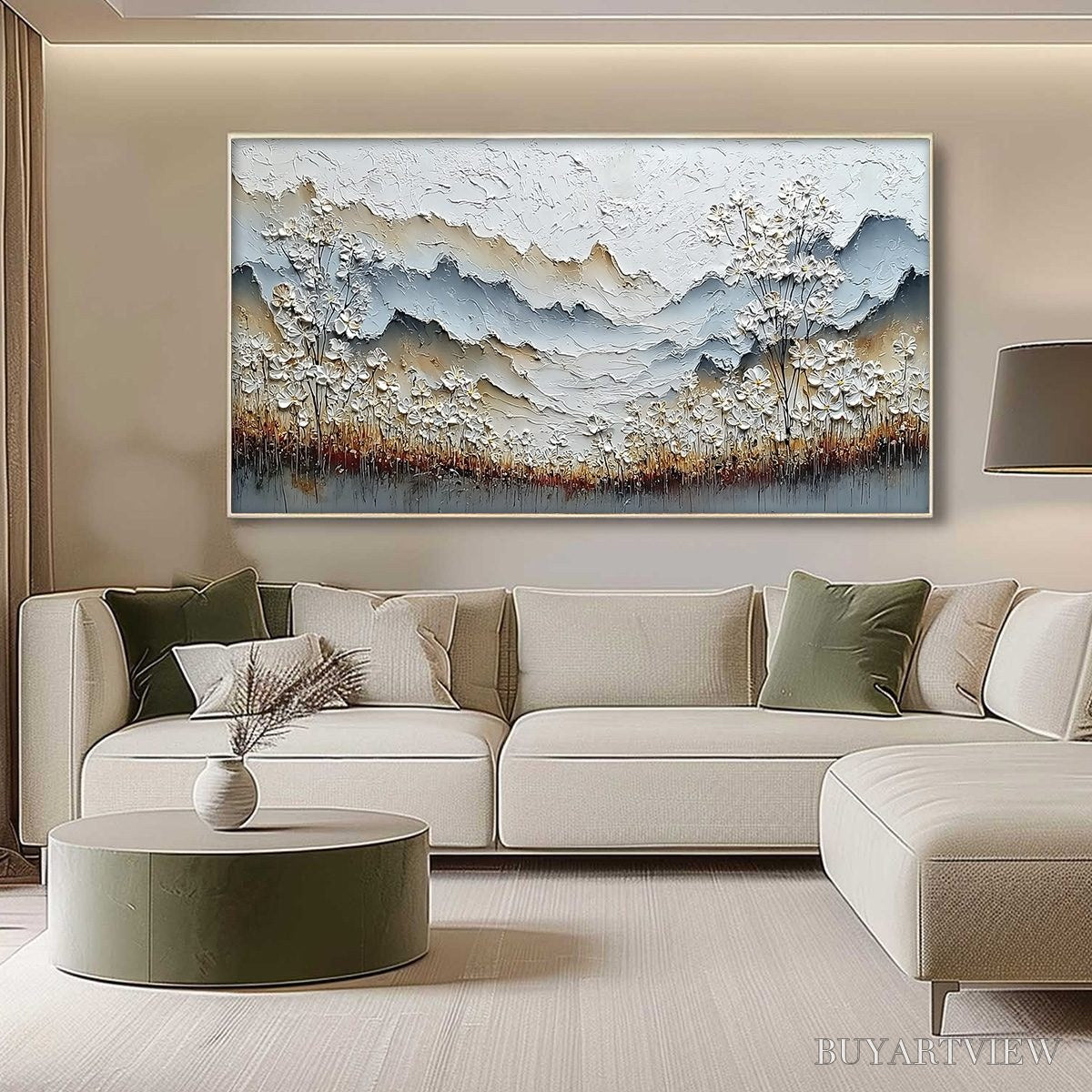 BUYARTVIEW Whispering Meadow – Heavily Textured Wabi Sabi Mountain & Flower Landscape Painting - image 4