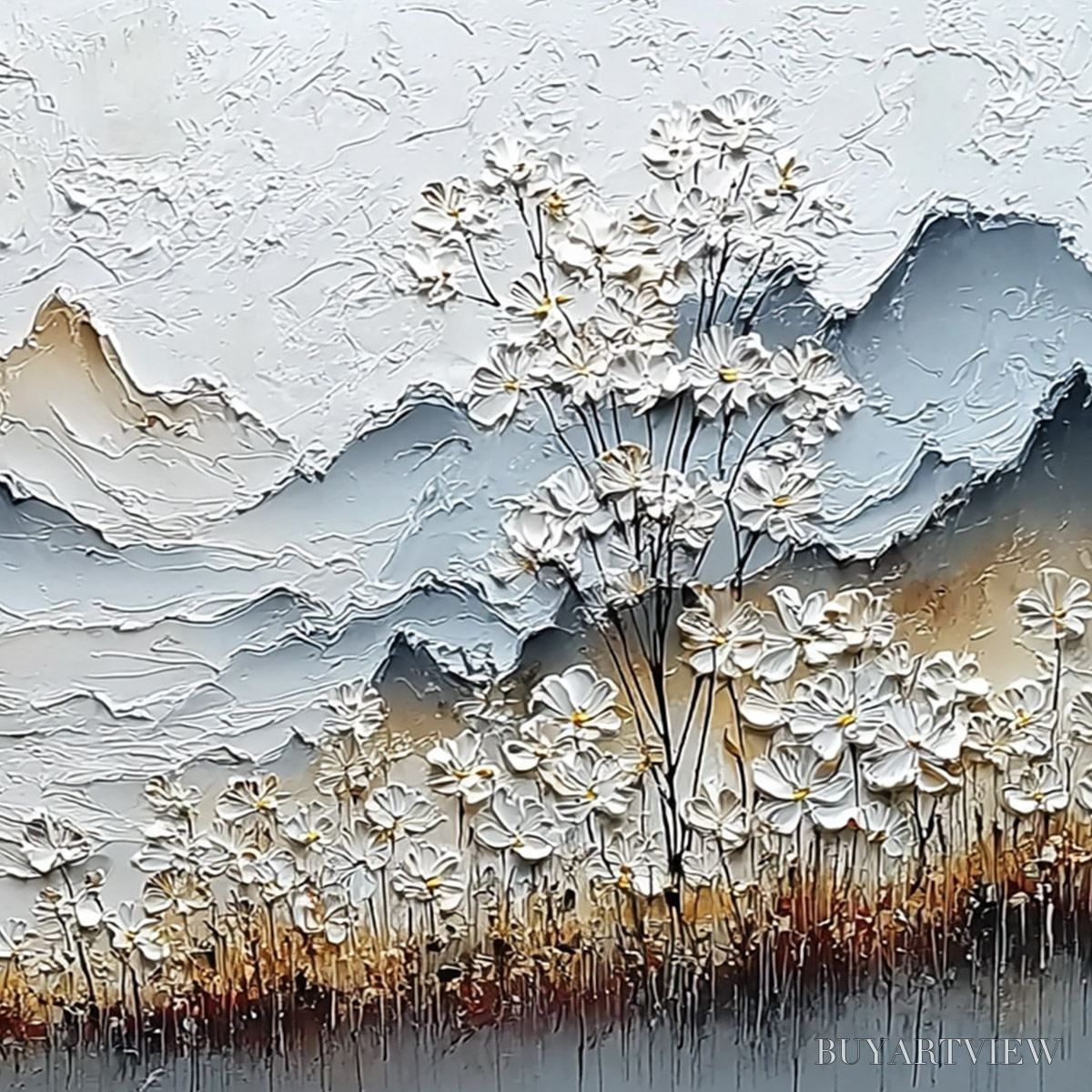 BUYARTVIEW Whispering Meadow – Heavily Textured Wabi Sabi Mountain & Flower Landscape Painting - image 5