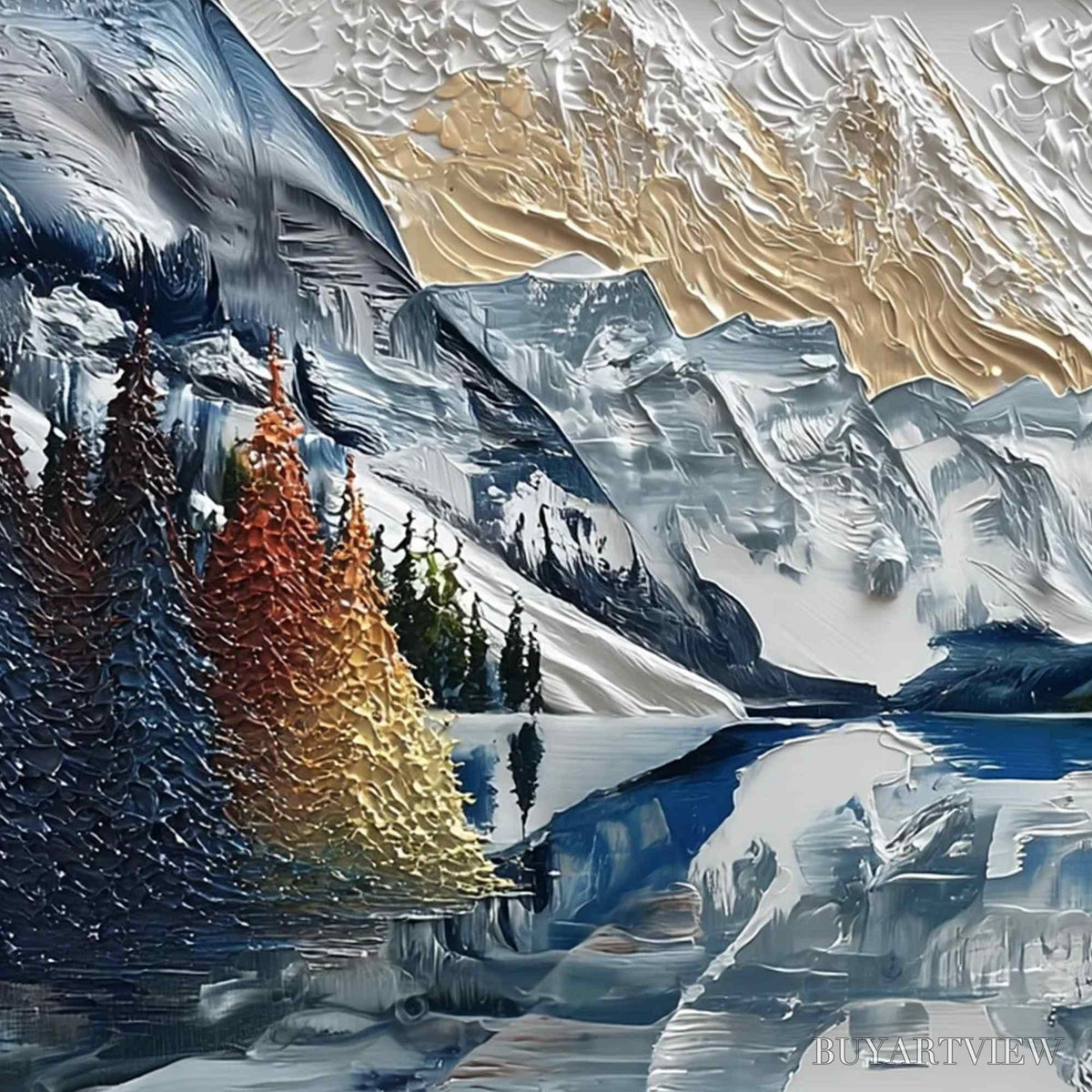 BUYARTVIEW Alpine Glow – Textured Mountain Lake Impasto Landscape Painting - image 3