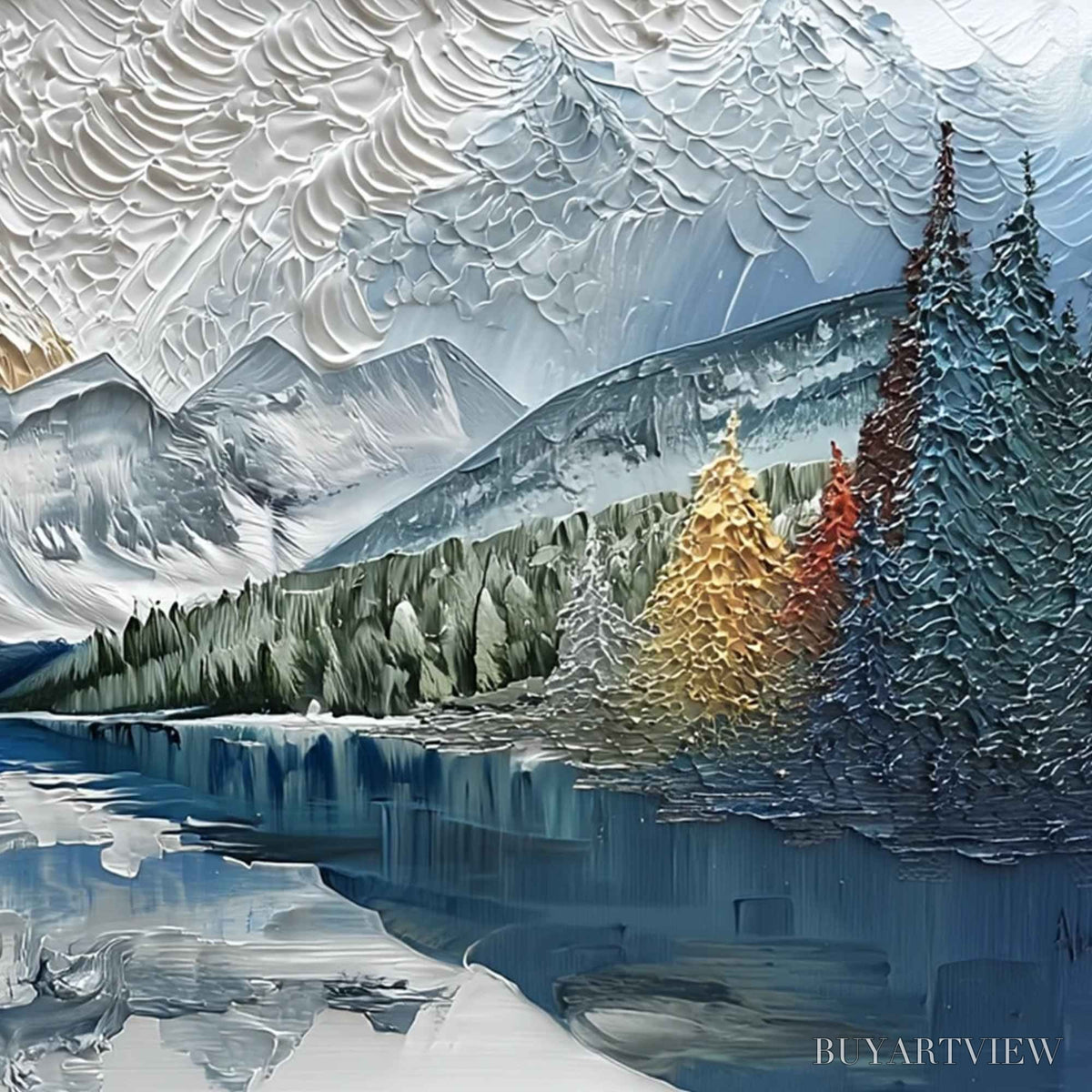 BUYARTVIEW Alpine Glow – Textured Mountain Lake Impasto Landscape Painting - image 5