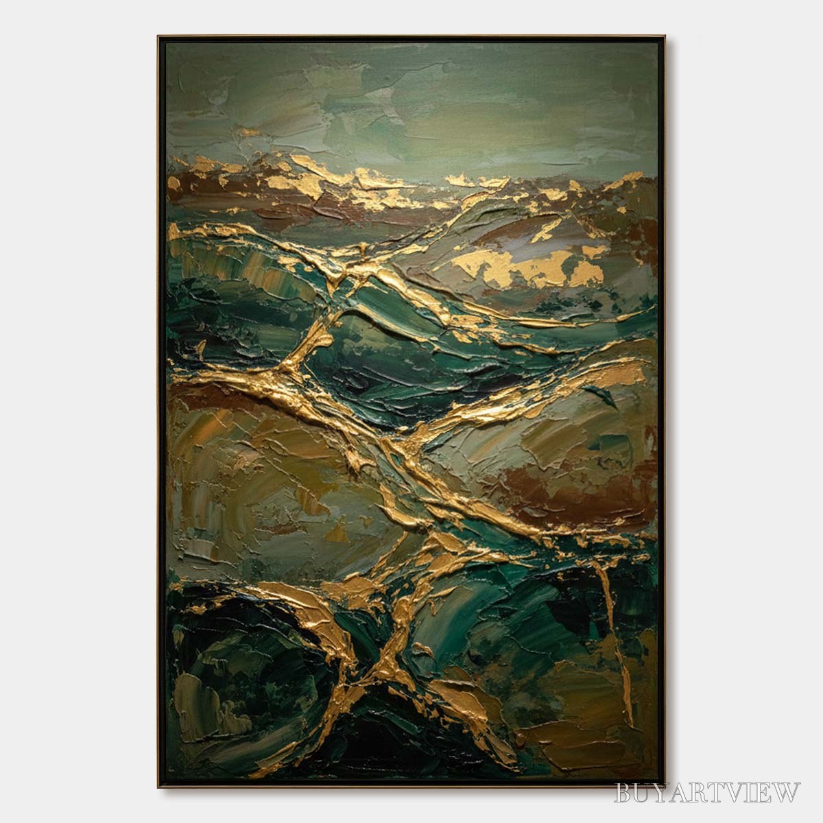 BUYARTVIEW Golden Strata – Textured Abstract Green and Gold Mountain Impasto Painting - image 1