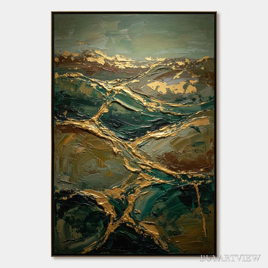 BUYARTVIEW Golden Strata – Textured Abstract Green and Gold Mountain Impasto Painting - image 1
