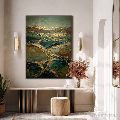BUYARTVIEW Golden Strata – Textured Abstract Green and Gold Mountain Impasto Painting - image 2
