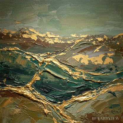 BUYARTVIEW Golden Strata – Textured Abstract Green and Gold Mountain Impasto Painting - image 3