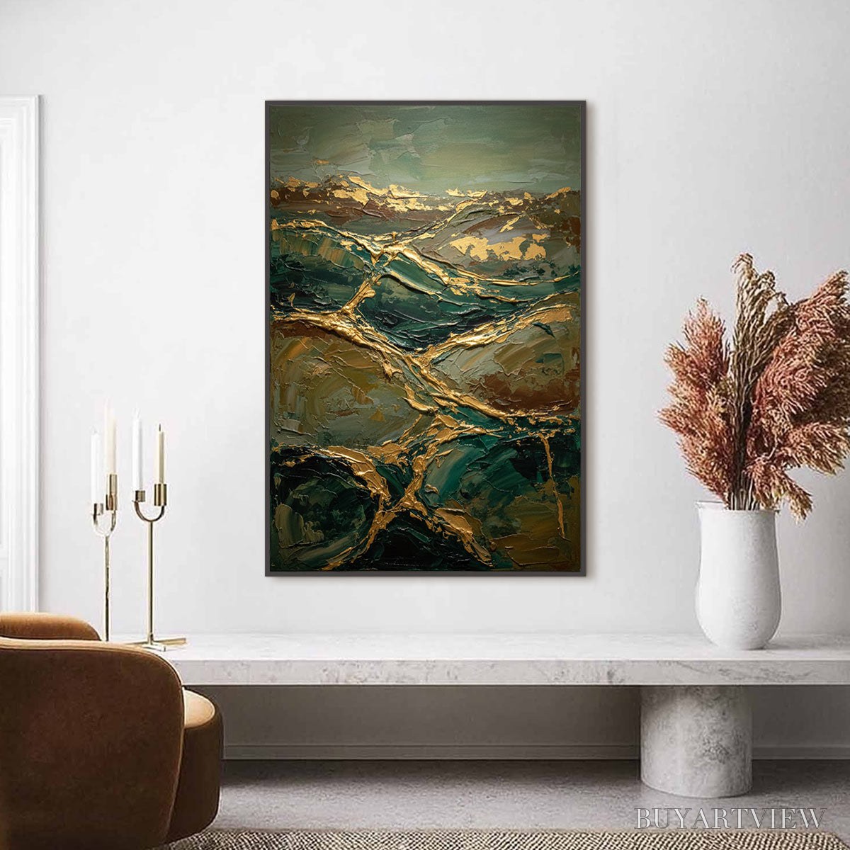 BUYARTVIEW Golden Strata – Textured Abstract Green and Gold Mountain Impasto Painting - image 4