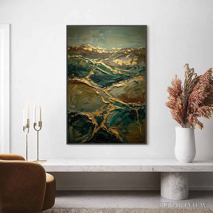 BUYARTVIEW Golden Strata – Textured Abstract Green and Gold Mountain Impasto Painting - image 4
