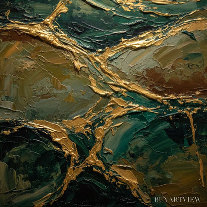 BUYARTVIEW Golden Strata – Textured Abstract Green and Gold Mountain Impasto Painting - image 5