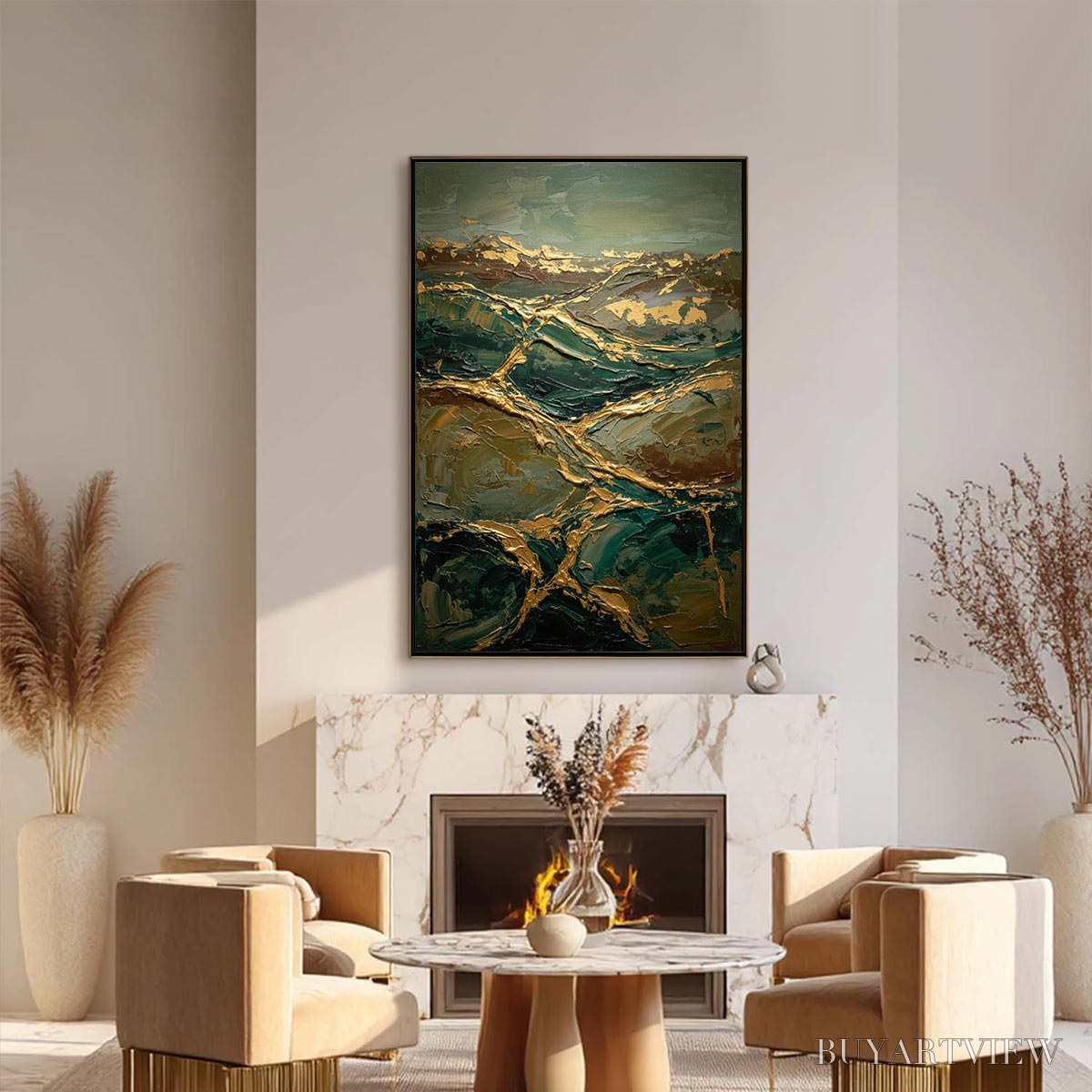 BUYARTVIEW Golden Strata – Textured Abstract Green and Gold Mountain Impasto Painting - image 6