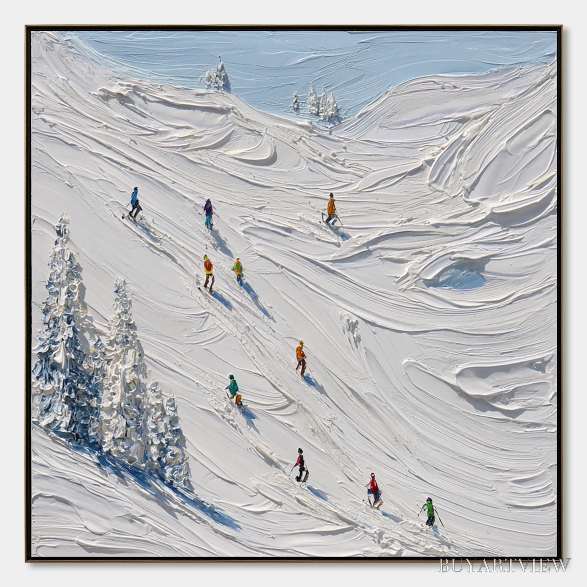 BUYARTVIEW Alpine Rush – Textured Impasto Painting of Skiers on a Snowy Mountain - image 1