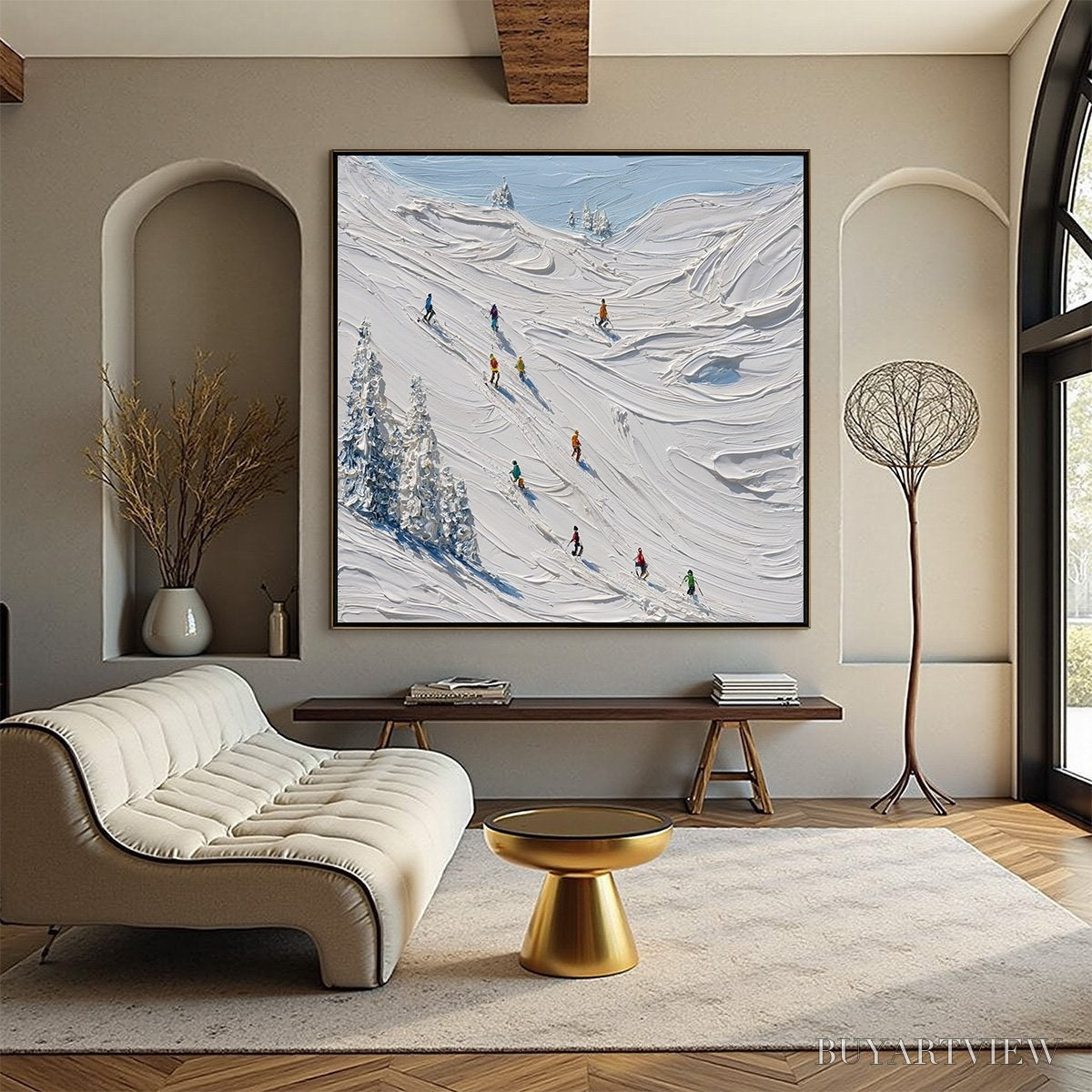 BUYARTVIEW Alpine Rush – Textured Impasto Painting of Skiers on a Snowy Mountain - image 2