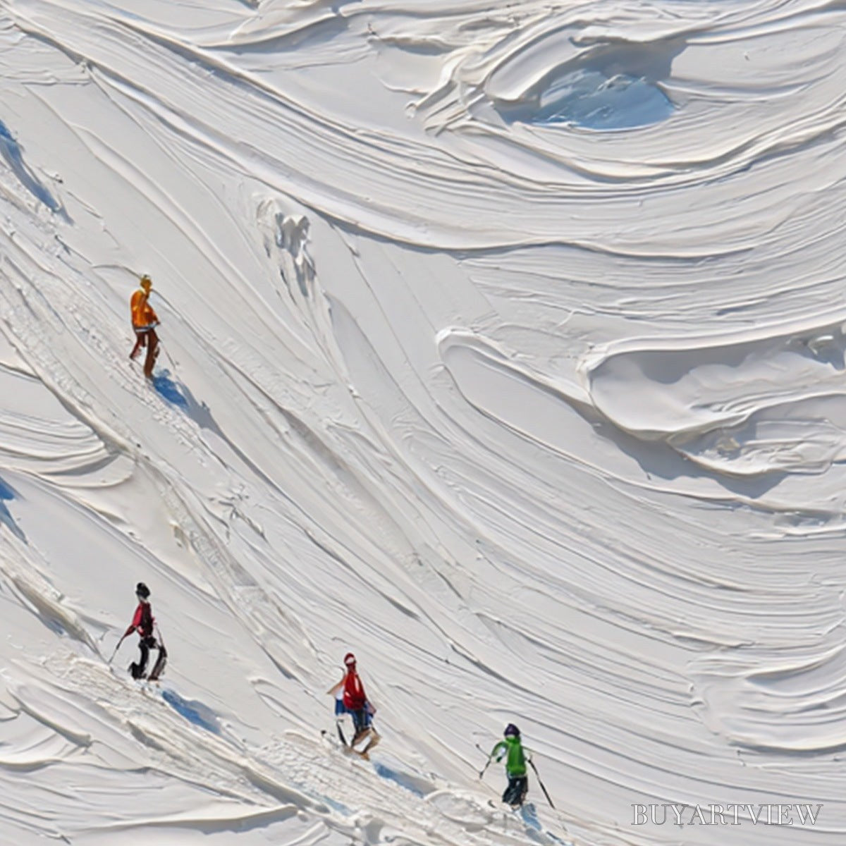 BUYARTVIEW Alpine Rush – Textured Impasto Painting of Skiers on a Snowy Mountain - image 3