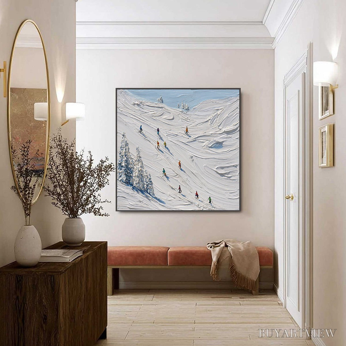 BUYARTVIEW Alpine Rush – Textured Impasto Painting of Skiers on a Snowy Mountain - image 4