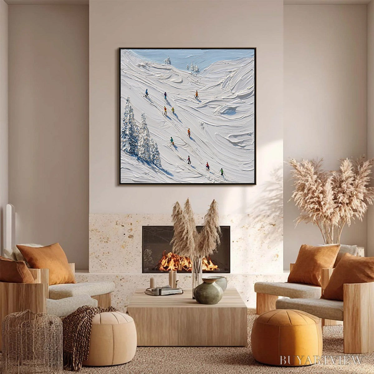 BUYARTVIEW Alpine Rush – Textured Impasto Painting of Skiers on a Snowy Mountain - image 6