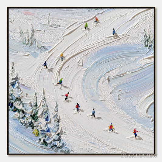 BUYARTVIEW Alpine Rush – Textured Impasto Painting of Skiers on a Snowy Mountain - image 1