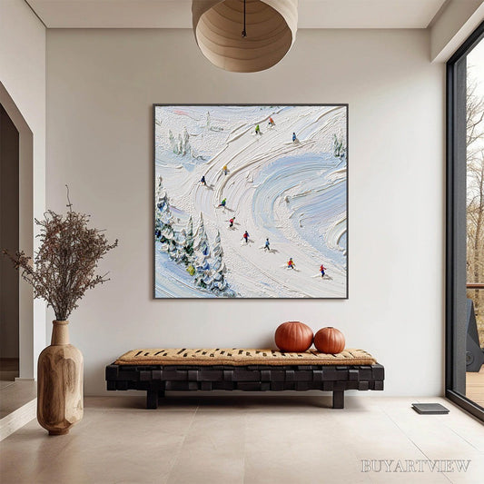 BUYARTVIEW Alpine Rush – Textured Impasto Painting of Skiers on a Snowy Mountain - image 2