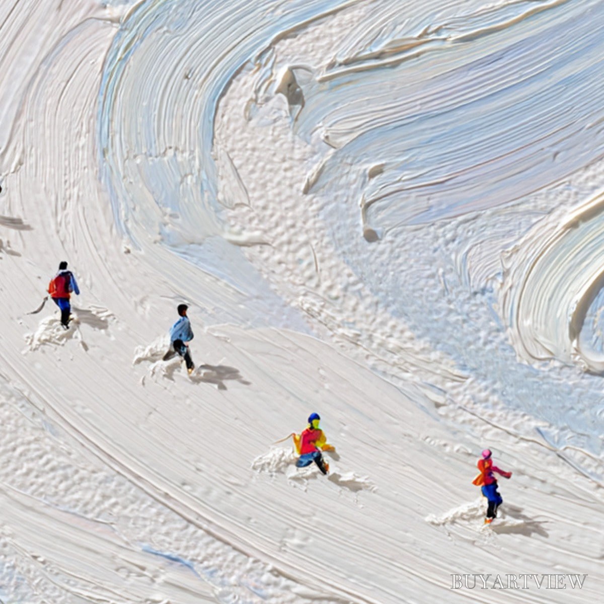 BUYARTVIEW Alpine Rush – Textured Impasto Painting of Skiers on a Snowy Mountain - image 3