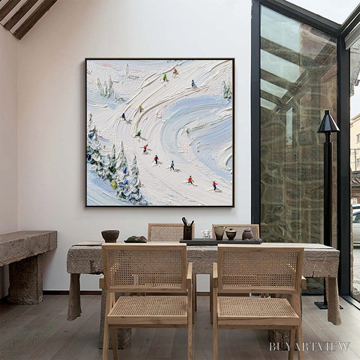 BUYARTVIEW Alpine Rush – Textured Impasto Painting of Skiers on a Snowy Mountain - image 4