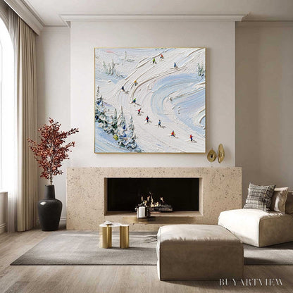 BUYARTVIEW Alpine Rush – Textured Impasto Painting of Skiers on a Snowy Mountain - image 6