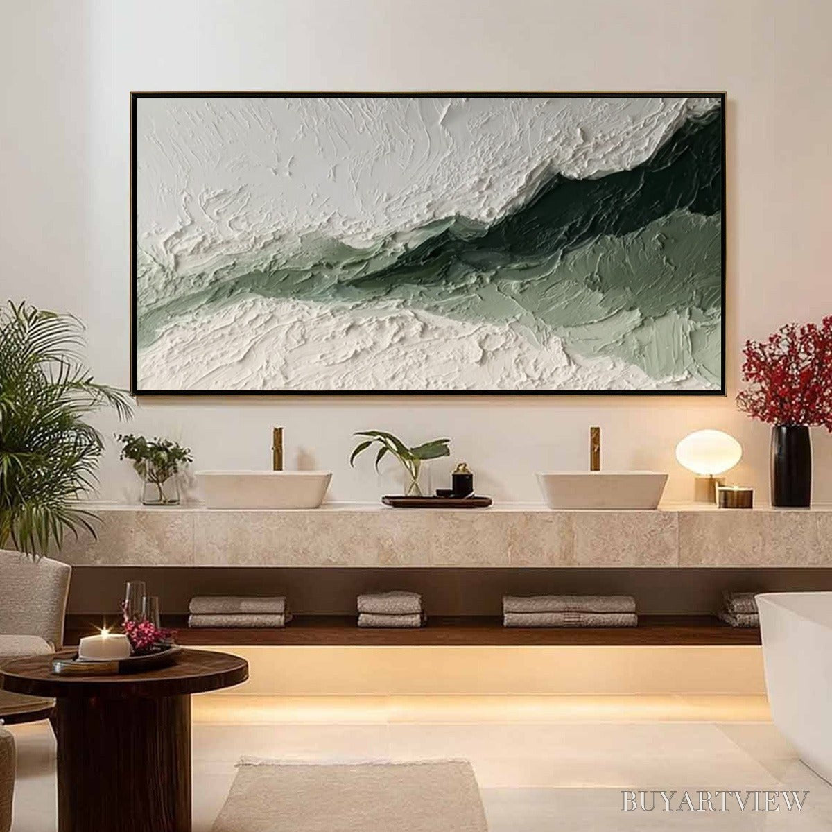 BUYARTVIEW Emerald Ridge – Heavily Textured Wabi Sabi Abstract Landscape Painting - image 2