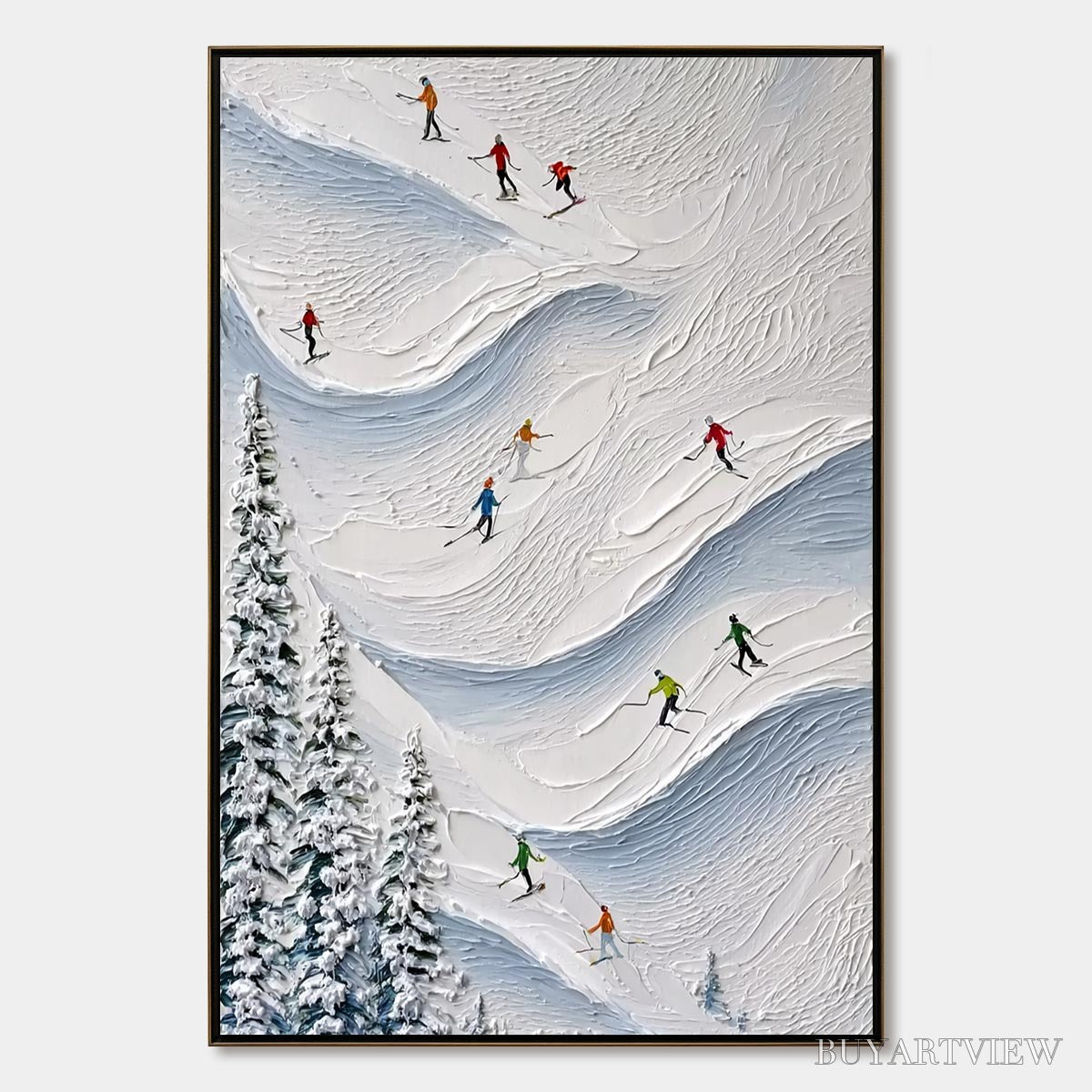BUYARTVIEW Alpine Rush – Textured Impasto Painting of Skiers on a Snowy Mountain - image 1