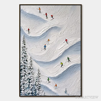 BUYARTVIEW Alpine Rush – Textured Impasto Painting of Skiers on a Snowy Mountain - image 1