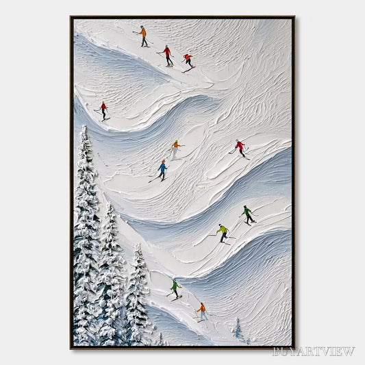 BUYARTVIEW Alpine Rush – Textured Impasto Painting of Skiers on a Snowy Mountain - image 1