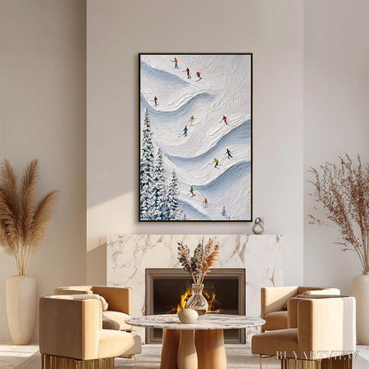 BUYARTVIEW Alpine Rush – Textured Impasto Painting of Skiers on a Snowy Mountain - image 2
