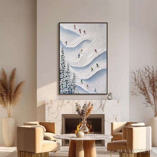 BUYARTVIEW Alpine Rush – Textured Impasto Painting of Skiers on a Snowy Mountain - image 2