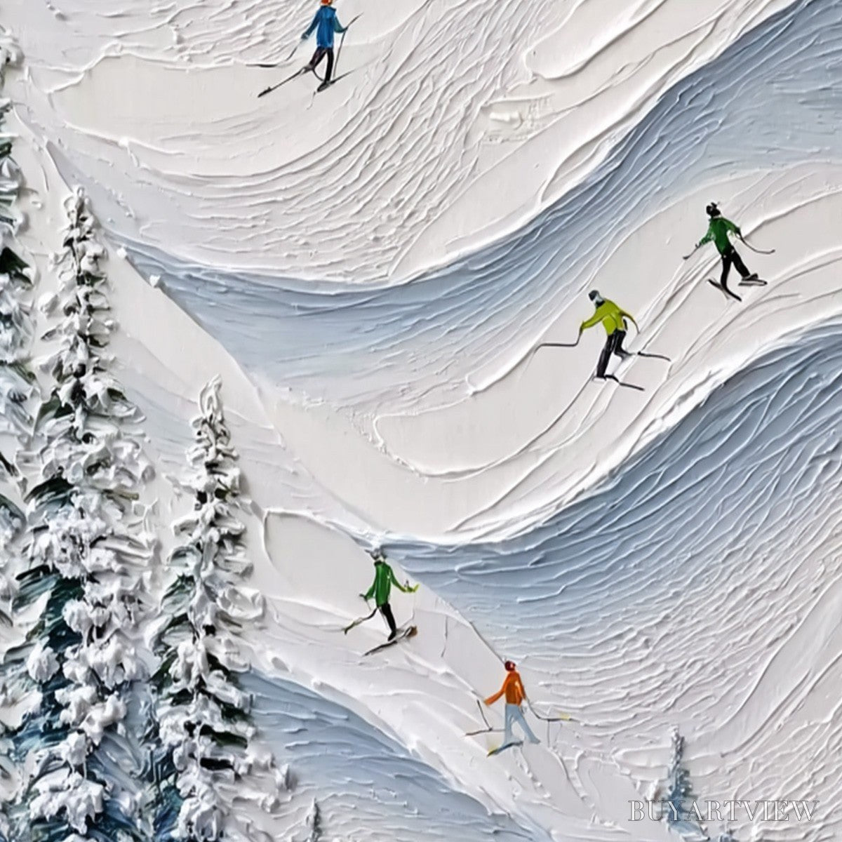 BUYARTVIEW Alpine Rush – Textured Impasto Painting of Skiers on a Snowy Mountain - image 3