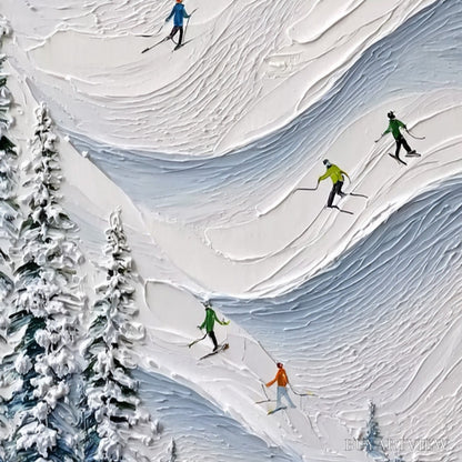 BUYARTVIEW Alpine Rush – Textured Impasto Painting of Skiers on a Snowy Mountain - image 3