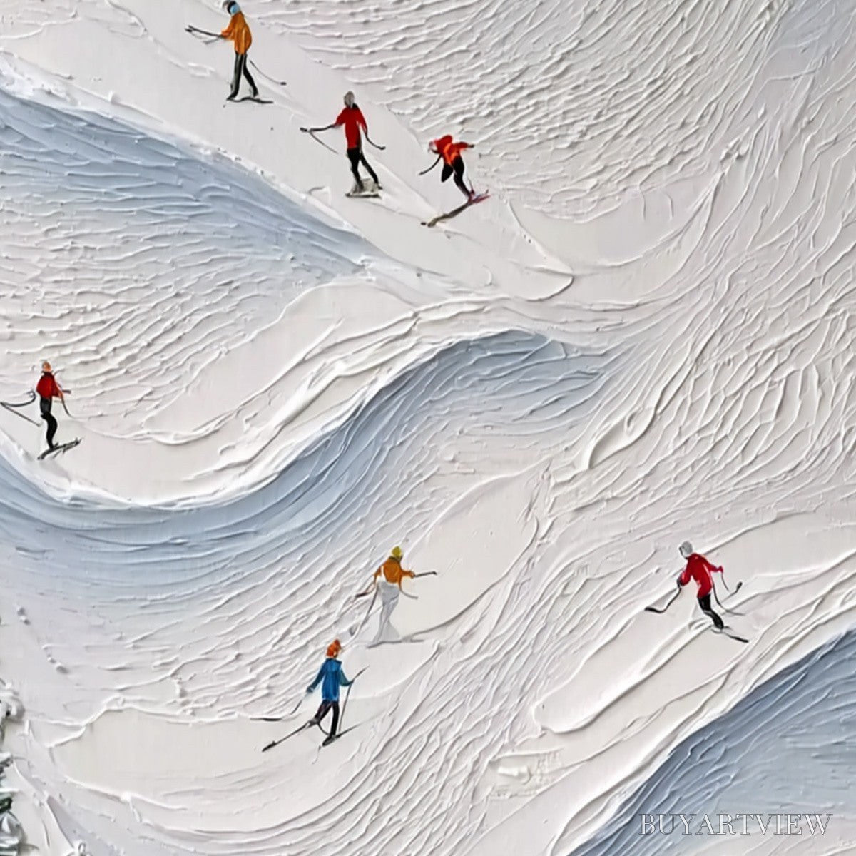 BUYARTVIEW Alpine Rush – Textured Impasto Painting of Skiers on a Snowy Mountain - image 5