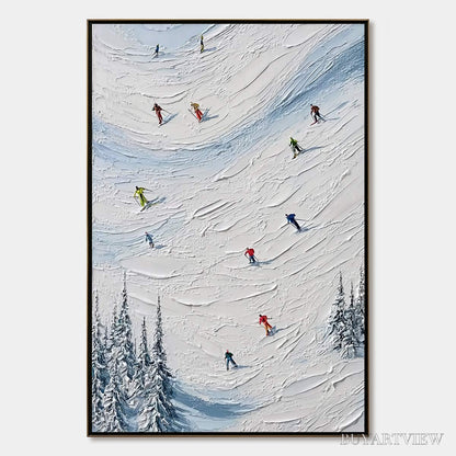 BUYARTVIEW Alpine Rush – Textured Impasto Painting of Skiers on a Snowy Mountain - image 1