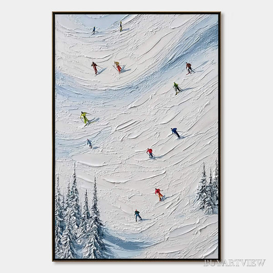 BUYARTVIEW Alpine Rush – Textured Impasto Painting of Skiers on a Snowy Mountain - image 1