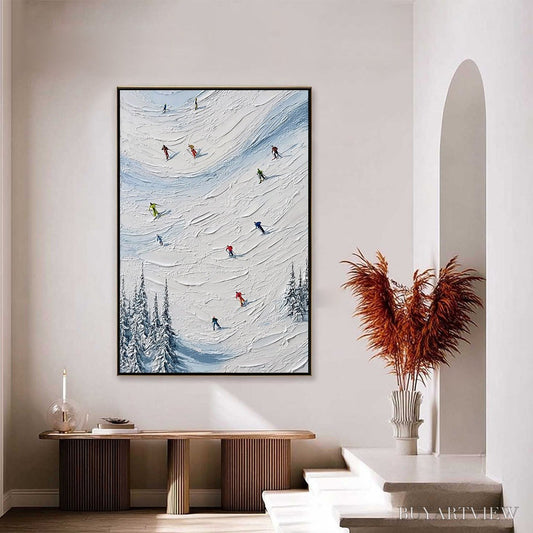 BUYARTVIEW Alpine Rush – Textured Impasto Painting of Skiers on a Snowy Mountain - image 2