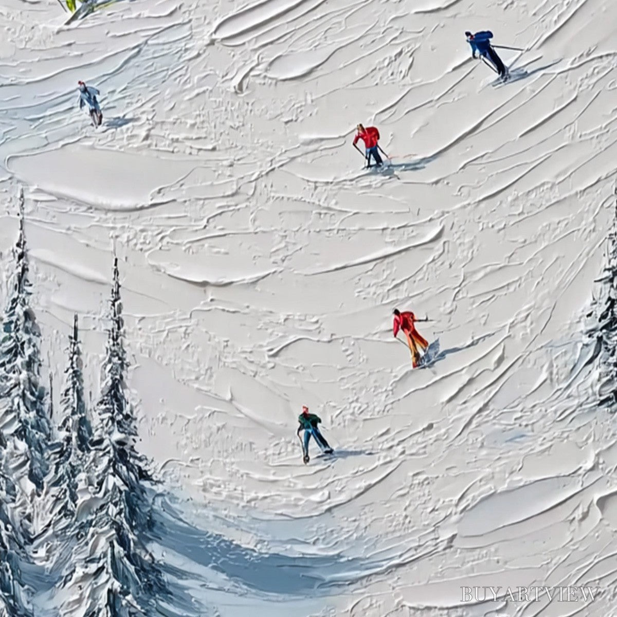 BUYARTVIEW Alpine Rush – Textured Impasto Painting of Skiers on a Snowy Mountain - image 3
