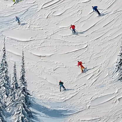 BUYARTVIEW Alpine Rush – Textured Impasto Painting of Skiers on a Snowy Mountain - image 3