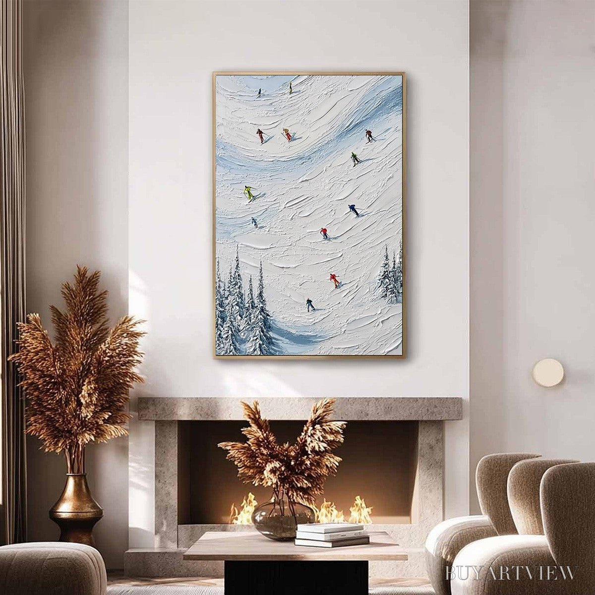 BUYARTVIEW Alpine Rush – Textured Impasto Painting of Skiers on a Snowy Mountain - image 4