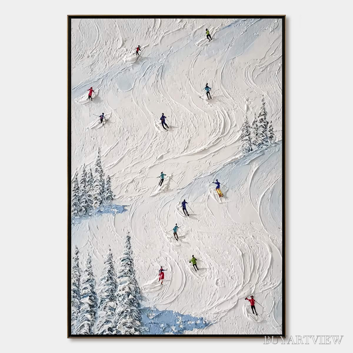 BUYARTVIEW Alpine Rush – Heavy Texture Impasto Painting of Skiers on a Mountain Slope - image 1